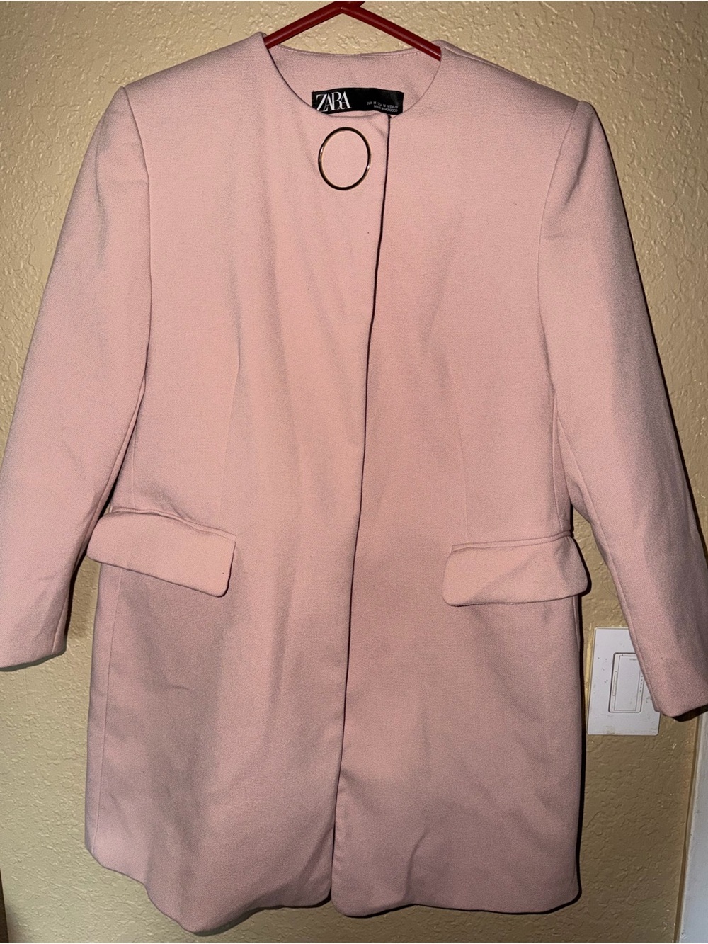 Zara Blush Pink Collarless Wool-Blend Coat with Gold Ring